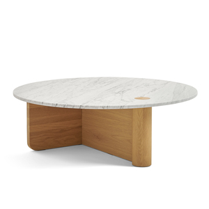 [SD-SKN-CT-PIVOT-001] Sketch - Pivot coffee table round 100 (Top: Bianco Carra, Legs: Light oak)dia.1000xH350