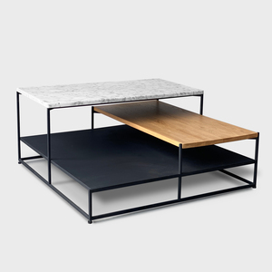 [SD-SKN-CT-PODIUM-001] Natadora - Podium coffee table 100 square(Top : 75110 Travertine,Wood top : 06 smoked oak, Leg : 180 Black Metal)W1000xD1000xH360cm